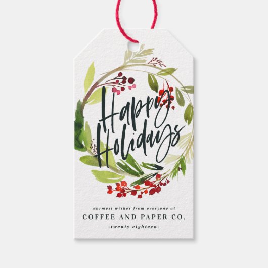 Gelukkig feestdagen waterverf floraal bedrijf cadeaulabel (Voorkant)