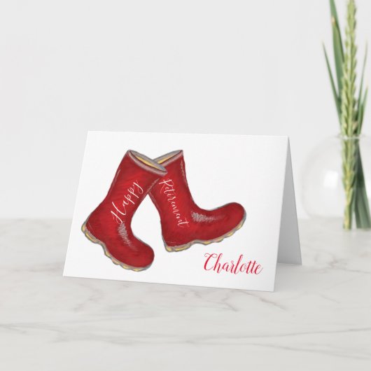 Gelukkig gepensioneerde vrouw rode tuinkousenlaars kaart (Voorkant)