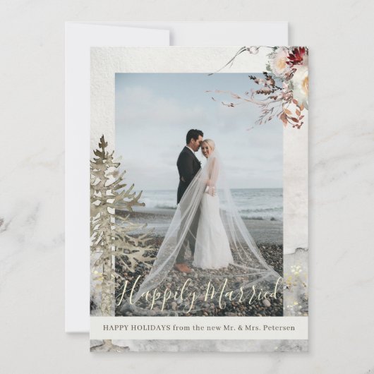 Gelukkig getrouwd kerst feestdagen pasgetrouwden f feestdagenkaart (Voorkant)