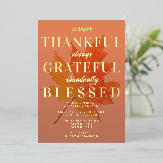 Gelukkig Gezegende Partij voor de Thanksgiving Folie Uitnodiging (Staand Voorkant)