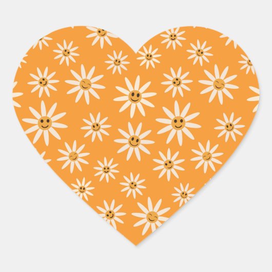 Gelukkig glimlachend retro-wit bloeschema hart sticker (Voorkant)