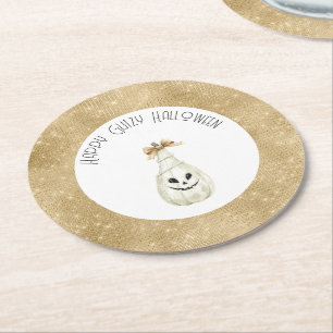 Gelukkig Glitzy Halloween Gouden Crème Pompoen Gez Ronde Kartonnen Onderzetter