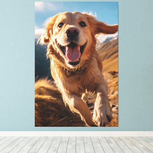 Gelukkig Golden Retriever Running Canvas Afdruk (Insitu (Houten vloer))