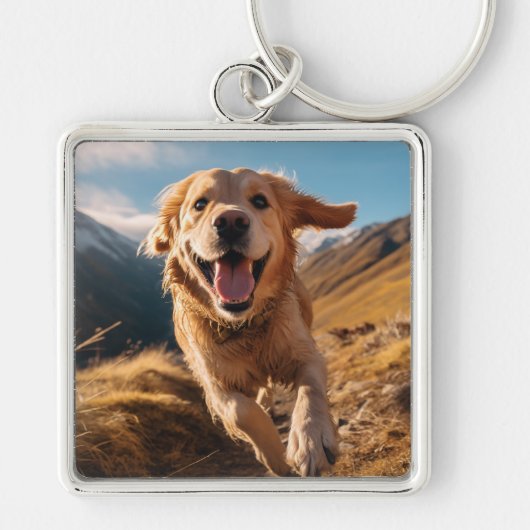 Gelukkig Golden Retriever Running Sleutelhanger (Voorkant)