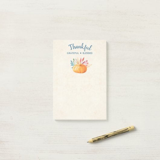 Gelukkig Grateful Blessed met Oranje pompoen Post-it® Notes (Op bureau)