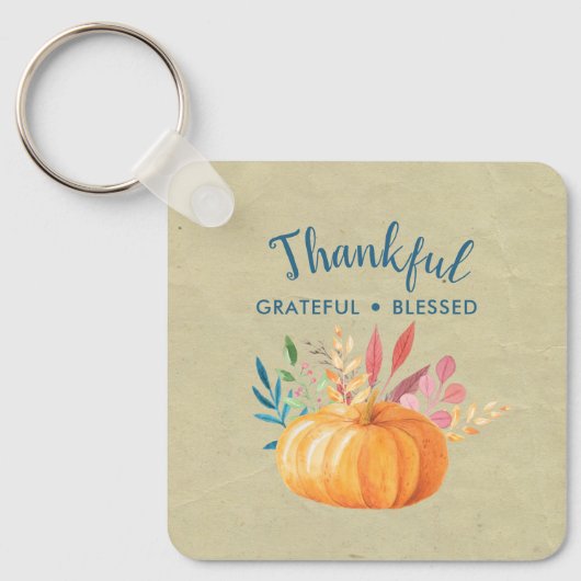 Gelukkig Grateful Blessed met Oranje pompoen Sleutelhanger (Voorkant)