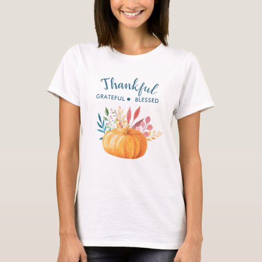Gelukkig Grateful Blessed met Oranje pompoen T-shirt (Voorkant)
