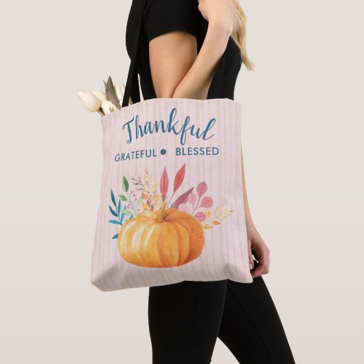 Gelukkig Grateful Blessed met Oranje pompoen Tote Bag (Dichtbij)