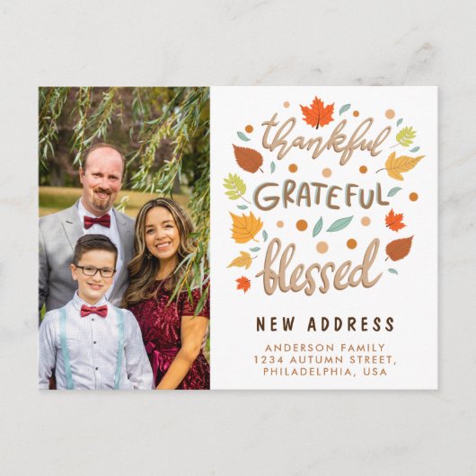 Gelukkig Grateful Blessed New Address Announance Feestdagenkaart (Voorkant)