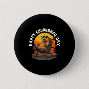 Gelukkig Grond Hog Vintage Zonsondergang Groundhog Ronde Button 5,7 Cm