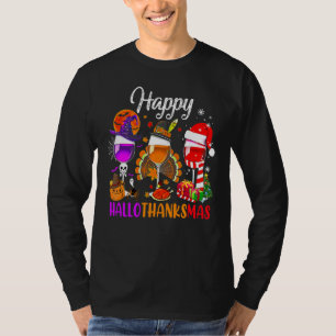 Gelukkig Hallothanksmas Wijnglazen Heks Kerstman H T-shirt