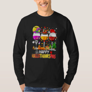 Gelukkig Hallothanksmas Wijnglazen Heks Kerstman H T-shirt