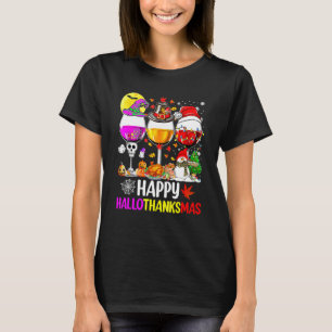 Gelukkig Hallothanksmas Wijnglazen Heks Kerstman H T-shirt