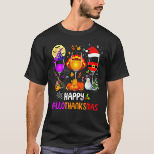 Gelukkig Hallothanksmas Wijnglazen Heks Kerstman H T-shirt