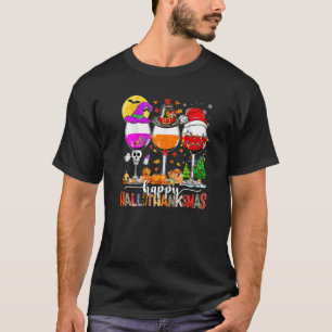 Gelukkig Hallothanksmas Wijnglazen Heks Kerstman H T-shirt