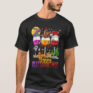 Gelukkig Hallothanksmas Wijnglazen Heks Kerstman P T-shirt