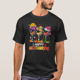 Gelukkig Hallothanksmas Wijnglazen Heks Kerstman W T-shirt