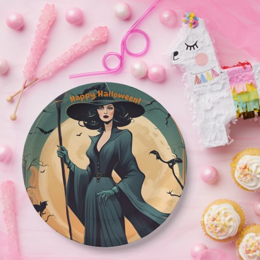 Gelukkig Halloween, Art Deco heks, kostuum feest Papieren Bordje (Feest)