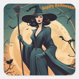Gelukkig Halloween, Art Deco heks, kostuum feest Vierkante Sticker