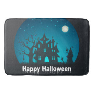Gelukkig Halloween Blauw en Zwart Haunted House Badmat