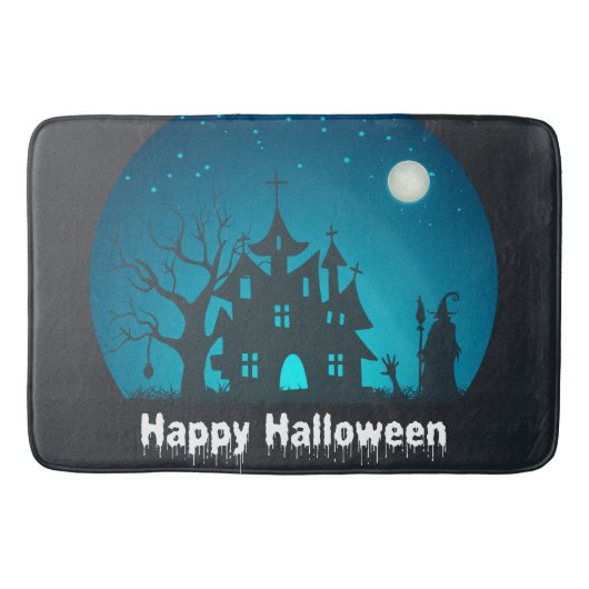 Gelukkig Halloween Blauw en Zwart Haunted House Badmat (Voorkant)