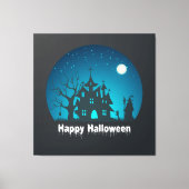 Gelukkig Halloween Blauw en Zwart Haunted House Canvas Afdruk (Voorkant)