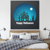 Gelukkig Halloween Blauw en Zwart Haunted House Canvas Afdruk (Insitu (Slaapkamer))