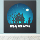 Gelukkig Halloween Blauw en Zwart Haunted House Canvas Afdruk (Insitu (Houten vloer))