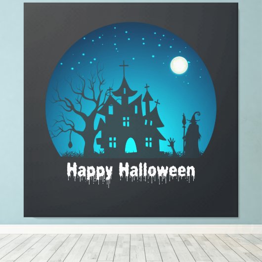 Gelukkig Halloween Blauw en Zwart Haunted House Canvas Afdruk (Insitu (Houten vloer))