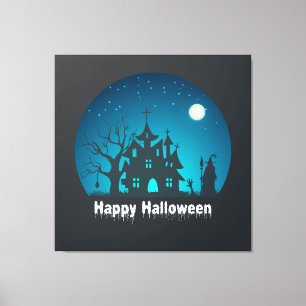 Gelukkig Halloween Blauw en Zwart Haunted House Canvas Afdruk