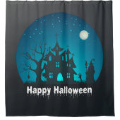 Gelukkig Halloween Blauw en Zwart Haunted House Douchegordijn (Voorkant)