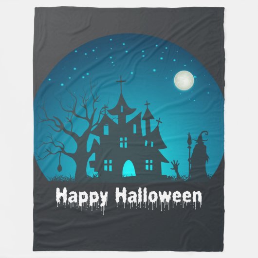 Gelukkig Halloween Blauw en Zwart Haunted House Fleece Deken (Voorkant)