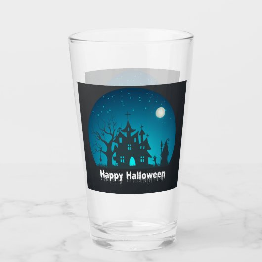 Gelukkig Halloween Blauw en Zwart Haunted House Glas (Voorkant)