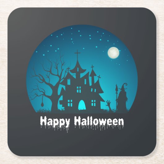 Gelukkig Halloween Blauw en Zwart Haunted House Kartonnen Onderzetters (Voorkant)