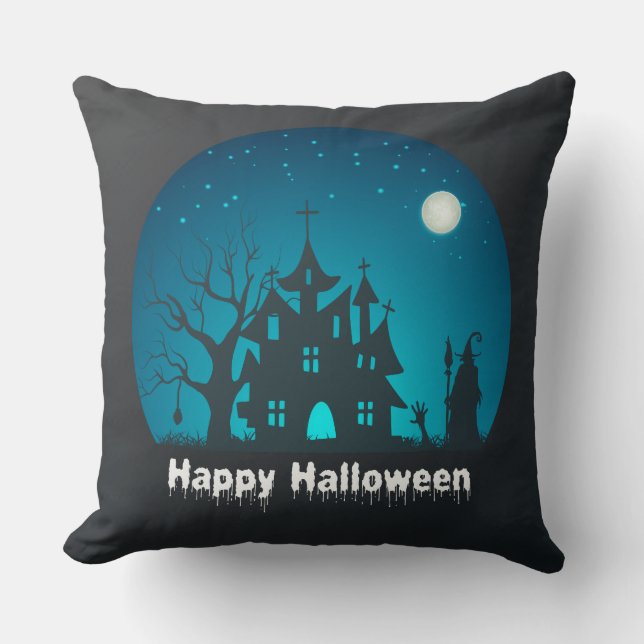 Gelukkig Halloween Blauw en Zwart Haunted House Kussen (Voorkant)