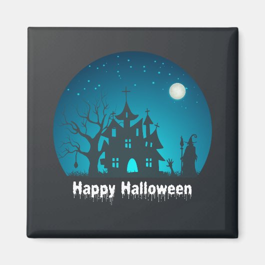 Gelukkig Halloween Blauw en Zwart Haunted House Magneet (Voorkant)