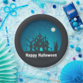 Gelukkig Halloween Blauw en Zwart Haunted House Papieren Bordje (Feest)