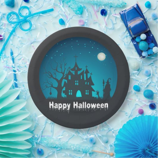 Gelukkig Halloween Blauw en Zwart Haunted House Papieren Bordje (Feest)