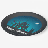 Gelukkig Halloween Blauw en Zwart Haunted House Papieren Bordje (Gekanteld)