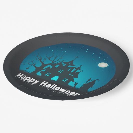 Gelukkig Halloween Blauw en Zwart Haunted House Papieren Bordje (Gekanteld)