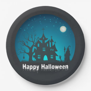 Gelukkig Halloween Blauw en Zwart Haunted House Papieren Bordje