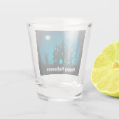 Gelukkig Halloween Blauw en Zwart Haunted House Shot Glas (Achterkant)