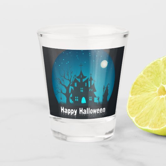 Gelukkig Halloween Blauw en Zwart Haunted House Shot Glas (Voorkant)