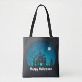 Gelukkig Halloween Blauw en Zwart Haunted House Tote Bag (Voorkant)