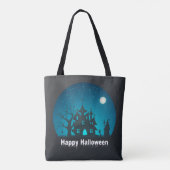 Gelukkig Halloween Blauw en Zwart Haunted House Tote Bag (Achterkant)