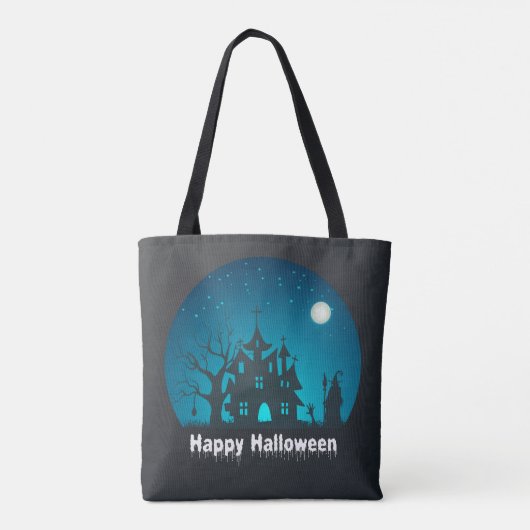 Gelukkig Halloween Blauw en Zwart Haunted House Tote Bag (Achterkant)