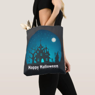Gelukkig Halloween Blauw en Zwart Haunted House Tote Bag