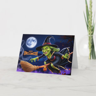 Gelukkig Halloween Enge Heks op Bezem  Feestdagen Kaart