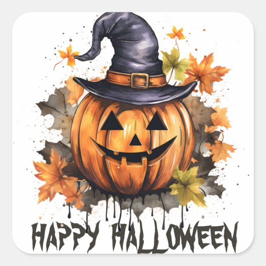 Gelukkig Halloween Evil Grinning Pumpkin Art Vierkante Sticker (Voorkant)