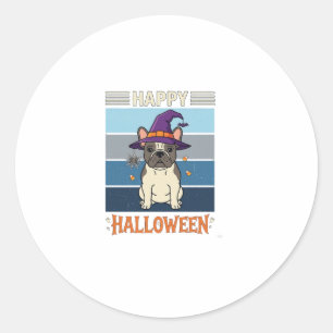 Gelukkig Halloween Franse Bulldog Heks Spinnenweb Ronde Sticker